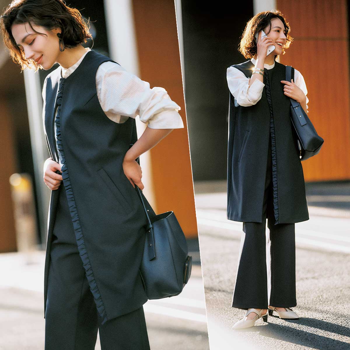 白ブラウスとフレアパンツをロング丈ジレでスッキリ見せた復職コーデ