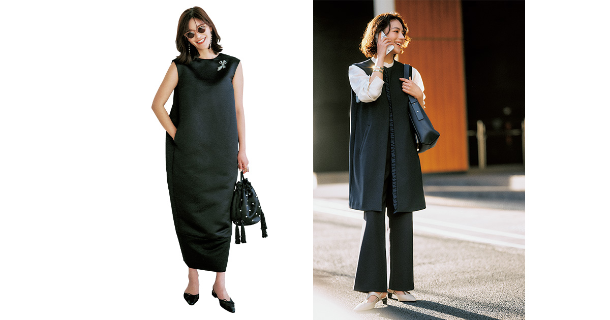 ワンピースとジレのIラインコーデ