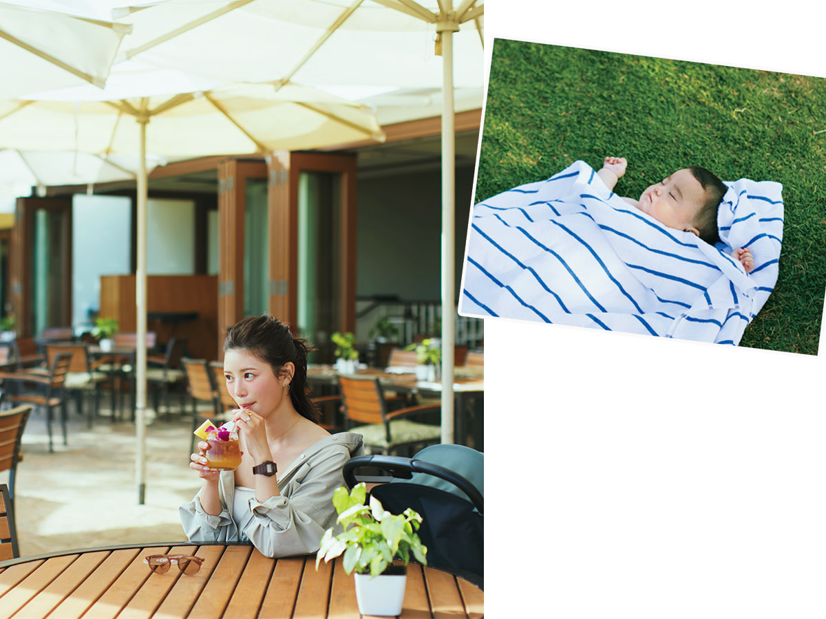 カハラホテルのプルメリアビーチハウスでカクテルを楽しむ咲和希さんとお昼寝中の息子さん