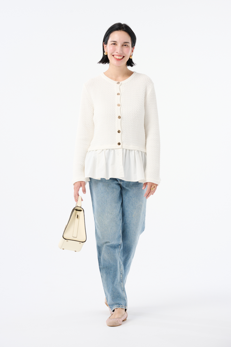 クラウドチームVERY太田史帆子の[THREE SQUARE]ペプラムニットカーディガンコーデ