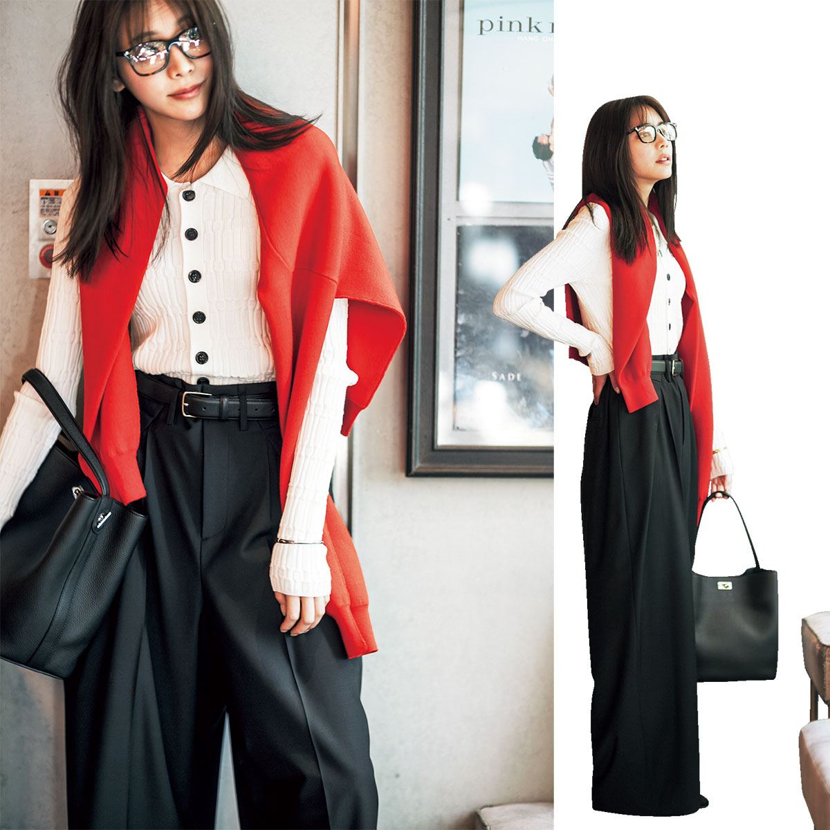 白カーデと黒パンツに赤ニットを肩掛けしたコーデ