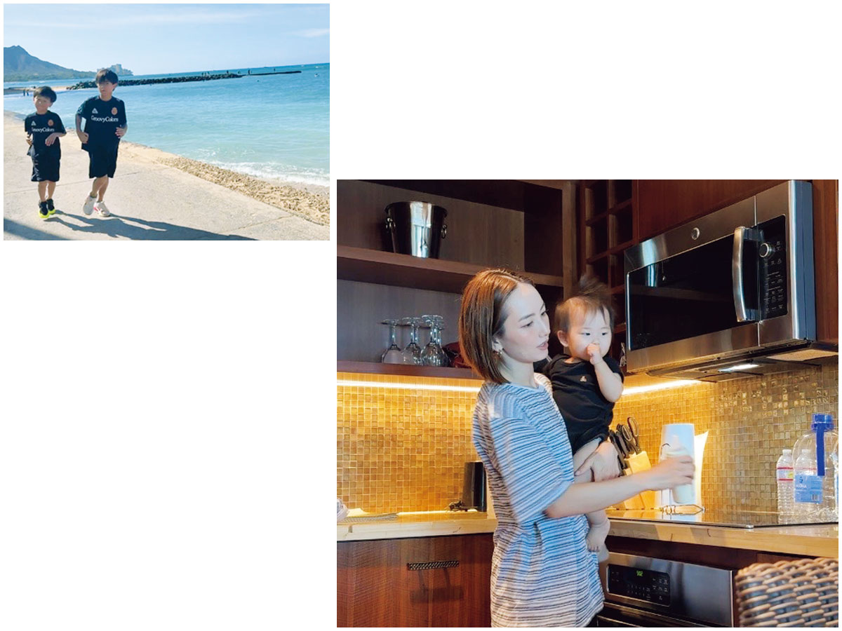ハワイでランニングする辻元舞さんの息子さんたちと部屋で朝ごはんを準備する辻元舞さん