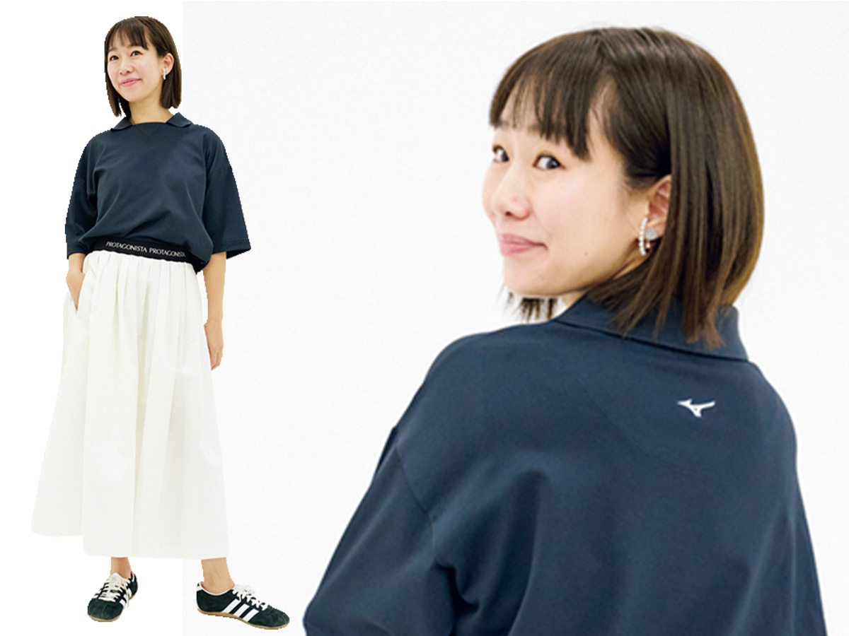 MIZUNO FOR MARGARET HOWELLのポロ カットソーとPROTAGONISTA FOR ADAM ET ROPÉの多機能スカートを試着するVERYライター