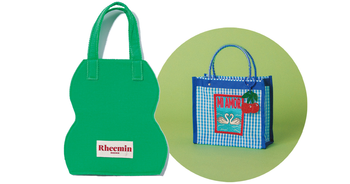 鮮やかなグリーンのバッグとギンガムチェックにスワンとチェリーがレトロなバッグ