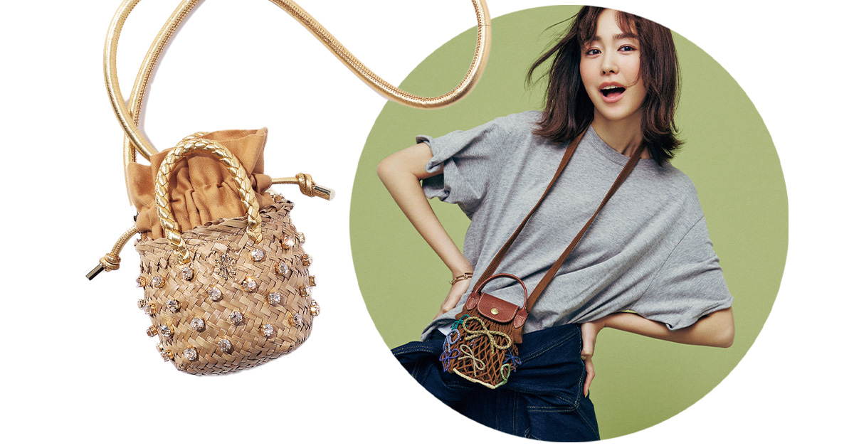 アンテプリマのポシェットを首から下げた桐谷美玲さんとスワロフスキーとゴールドチェーンが華やかなカゴポシェット