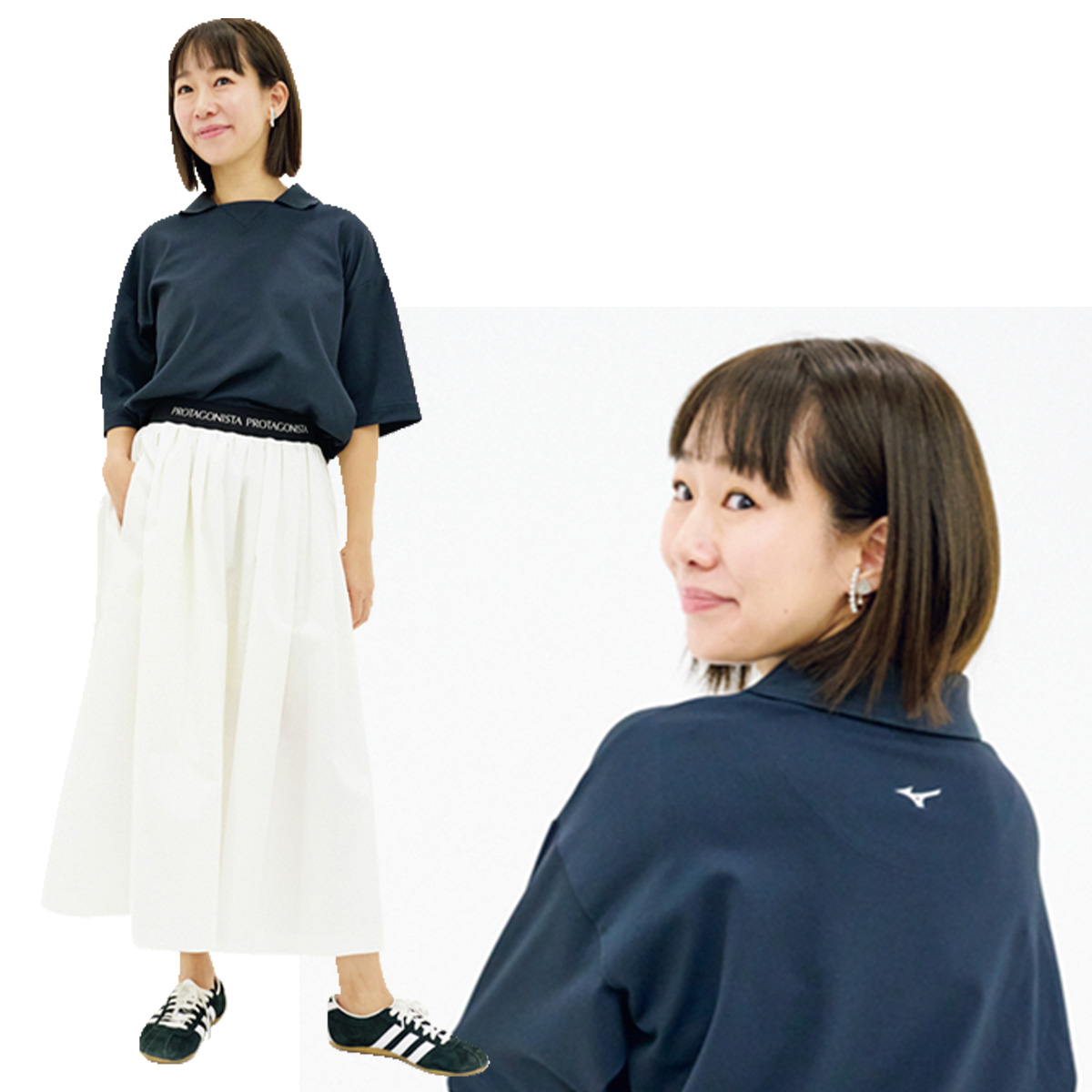 多機能ポロニットとスカートを試着するVERYスタッフ