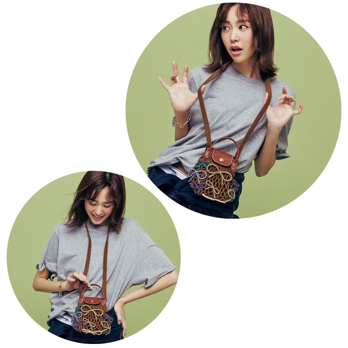 グレーのTシャツにロンシャンのメッシュポシェットを首から下げた桐谷美玲さん