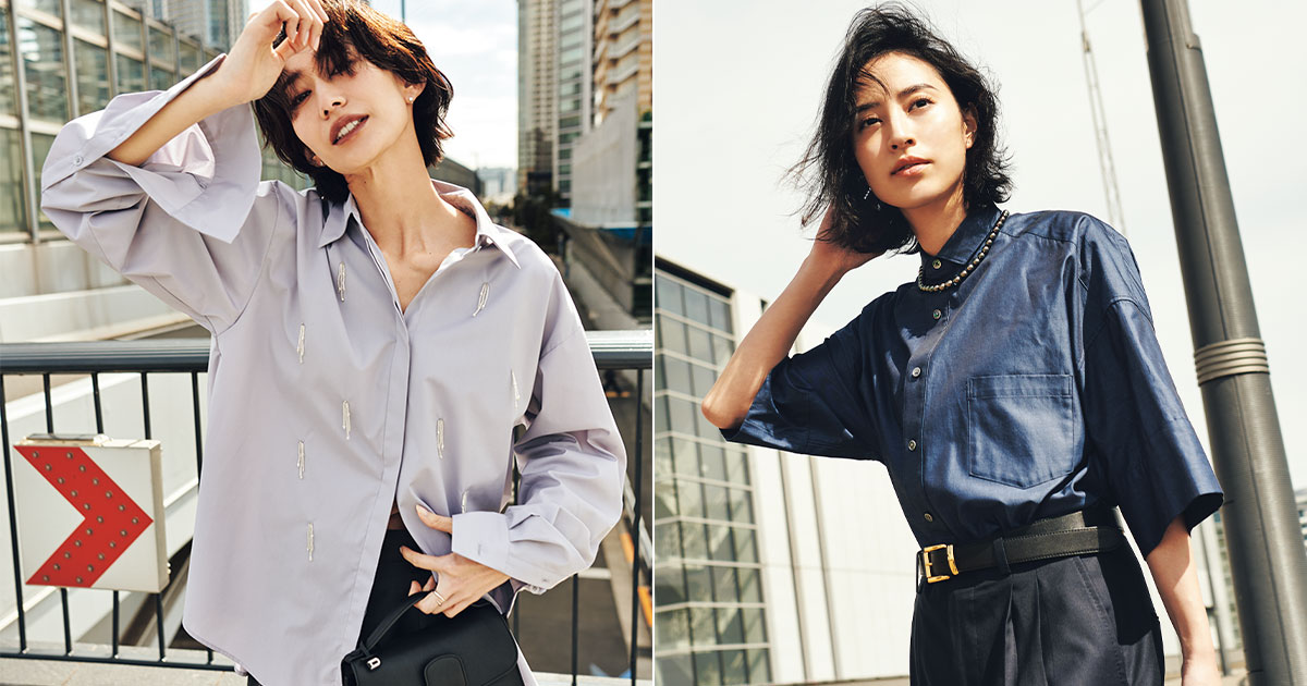 オーバーサイズのシャツを着こなすモデルとボタンを閉めたキッチリシャツを着こなすモデル