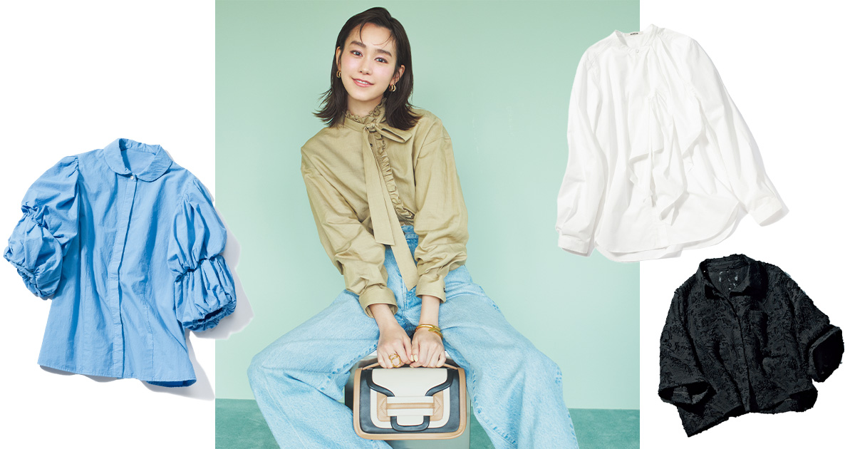 甘口ならが凛とするフリルやレースのディテールが効いたシャツとシャツコーデの桐谷美玲さん