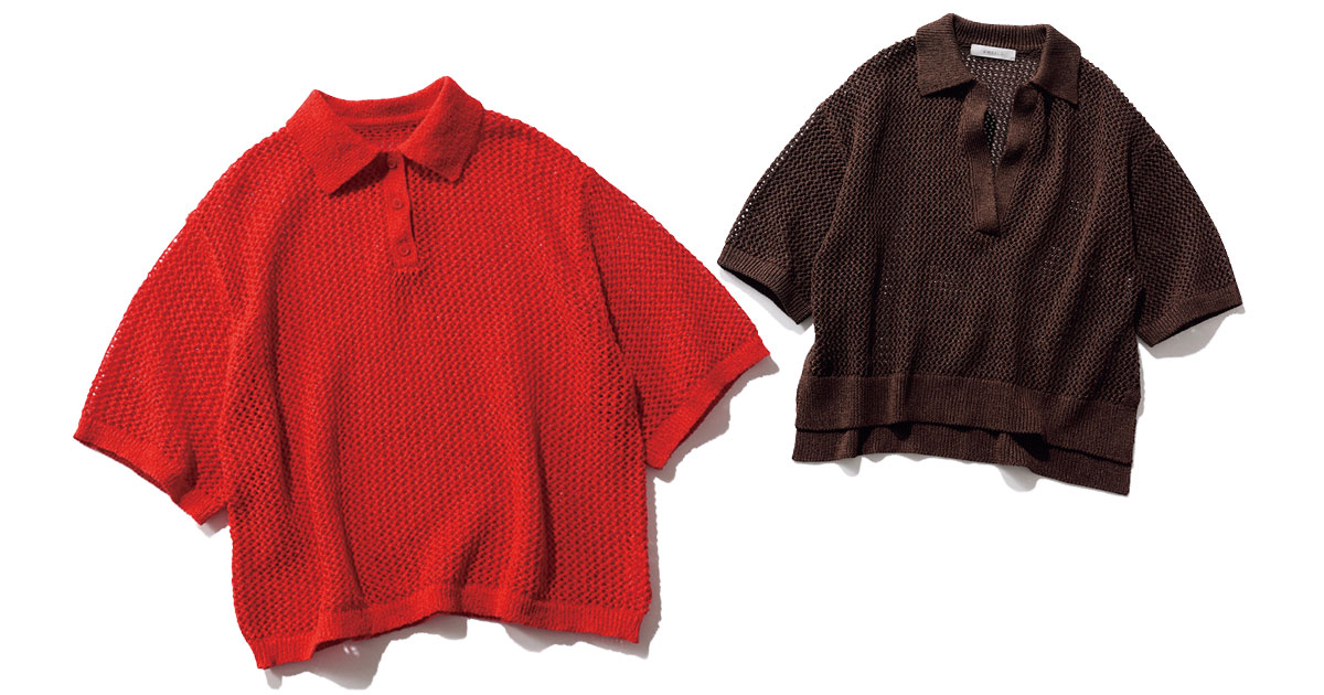 赤の半袖ポロニットと茶色のスキッパーポロニット