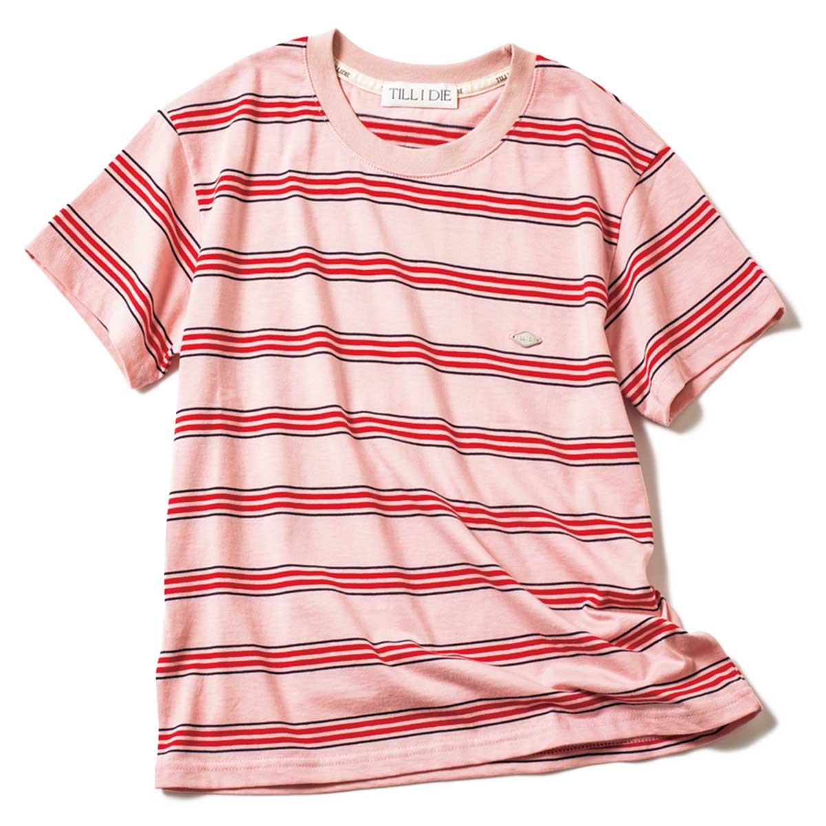くすみピンクがベースのマルチボーダーTシャツ