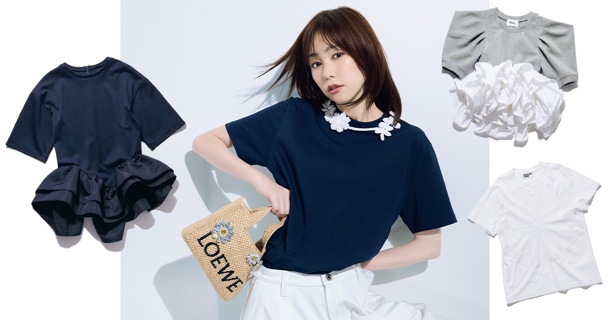 ロエベのTシャツを着た桐谷美玲さんと甘ディテールのTシャツたち
