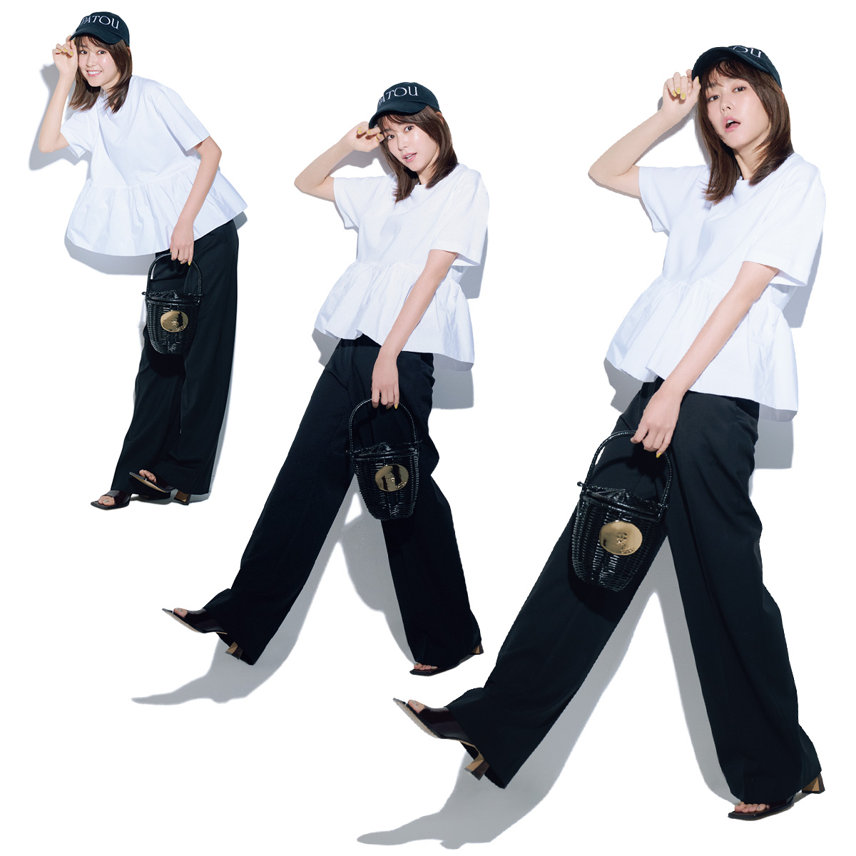 PatouのペプラムTシャツで華やぐ黒パンツコーデ