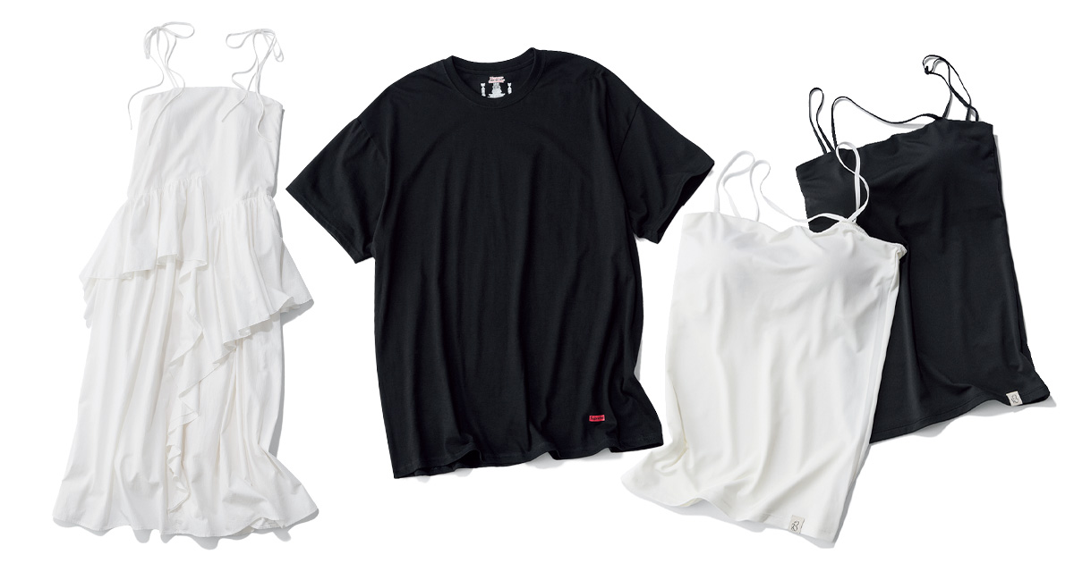 カップ付きワンピ、黒Tシャツ、ブラキャミ