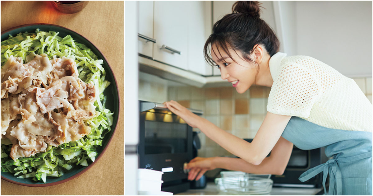 レンジを覗く桐谷美玲さんと豚バラキャベツのうまだれレンジ蒸し