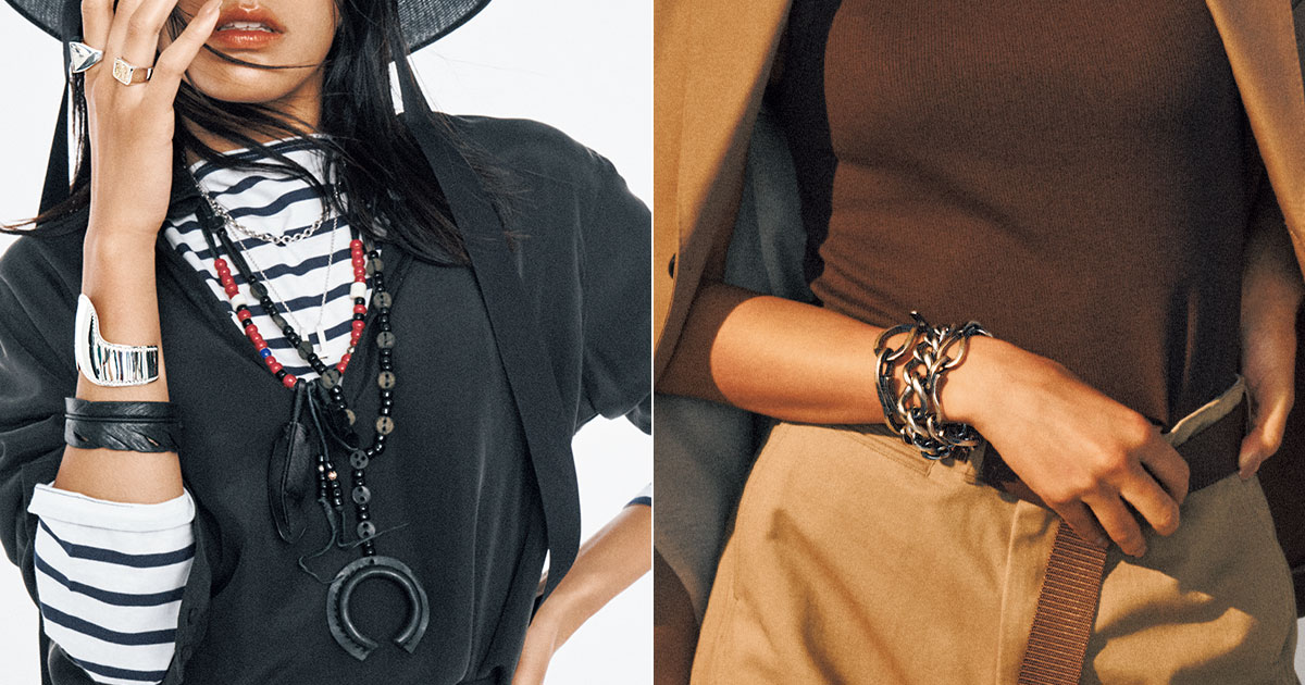 RoosterKing＆Co.のジュエリーを重ねづけした胸元とhumのブレスレットを重ねづけした手元