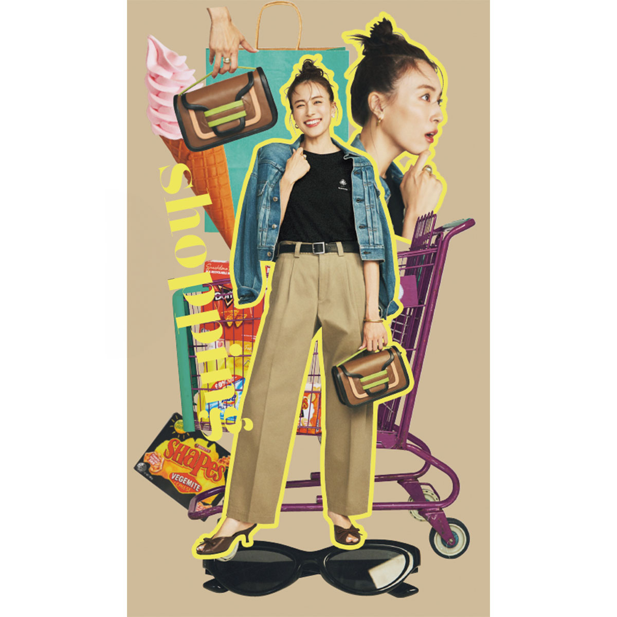黒Tシャツに太めのチノパンを合わせてGジャンを羽織ったお出かけコーデ