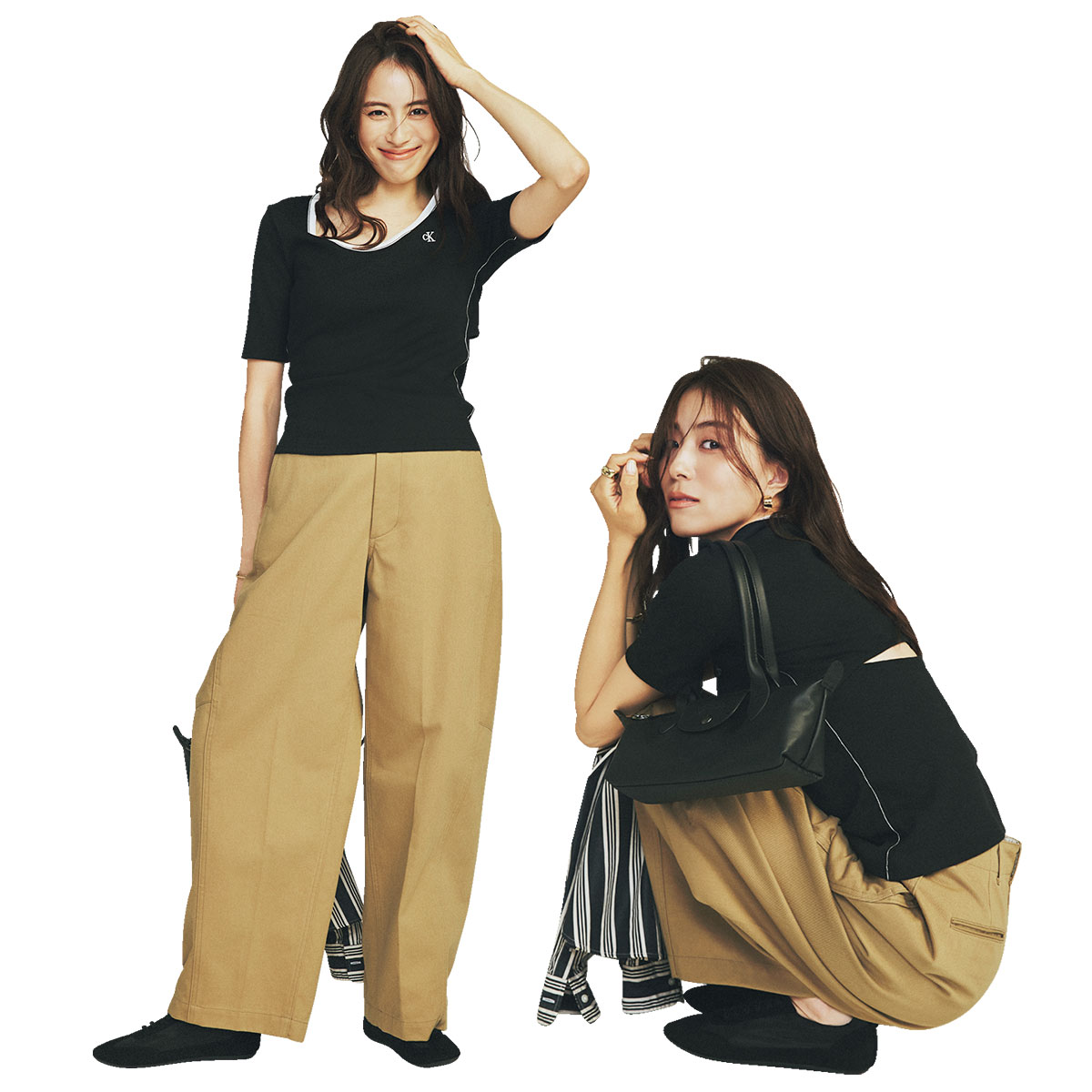 ハイクのチノパンにコンパクトな黒Tシャツを合わせた秋っぽコーデ