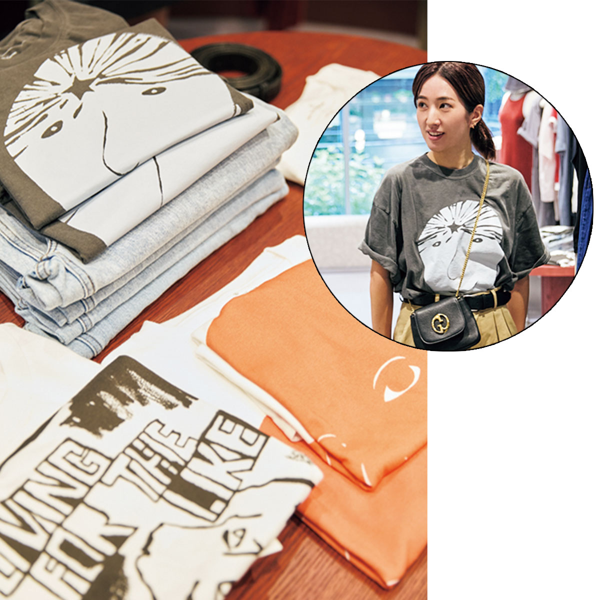 6（ROKU）と福岡のヴィンテージショップの別注Tシャツを着たVERYライターの桃井真由さん