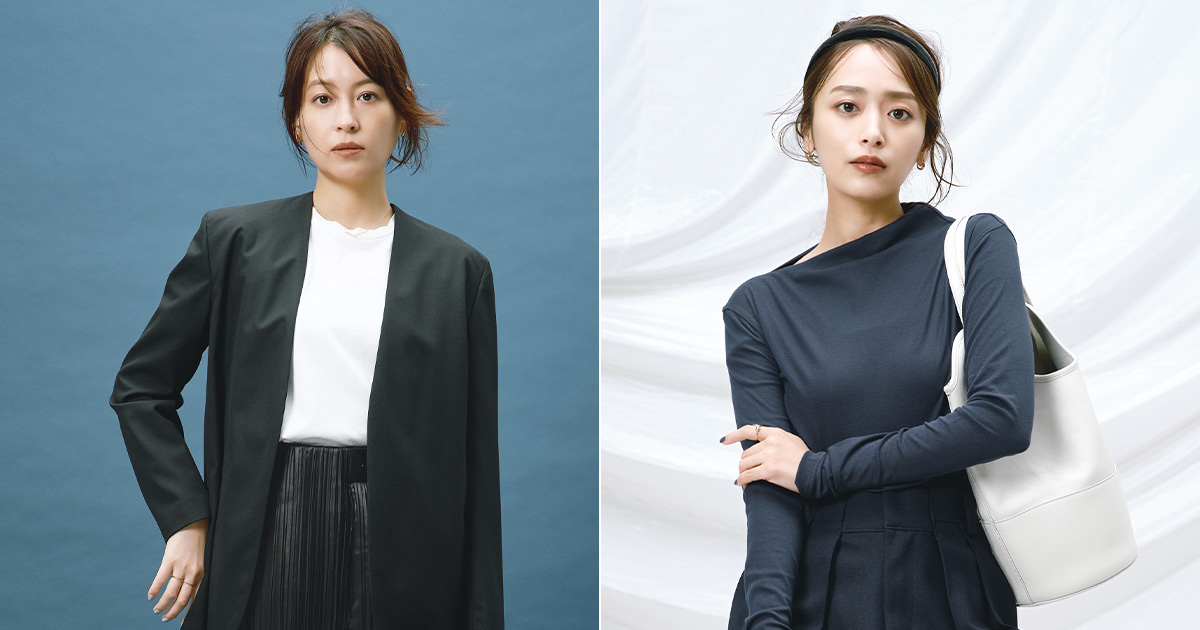 白トップスに黒のノーカラージャケットを羽織った青木裕子さんとワンショルトップスとパンツのネイビーコーデの近藤千尋さん