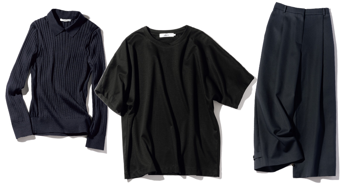 スローンのリブポロニットとエブールの黒Tシャツとブロッサムの2WAYパンツ