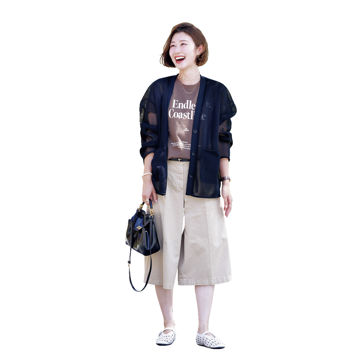 Tシャツとハーフパンツにpoisのメッシュカーディガンを羽織った読者
